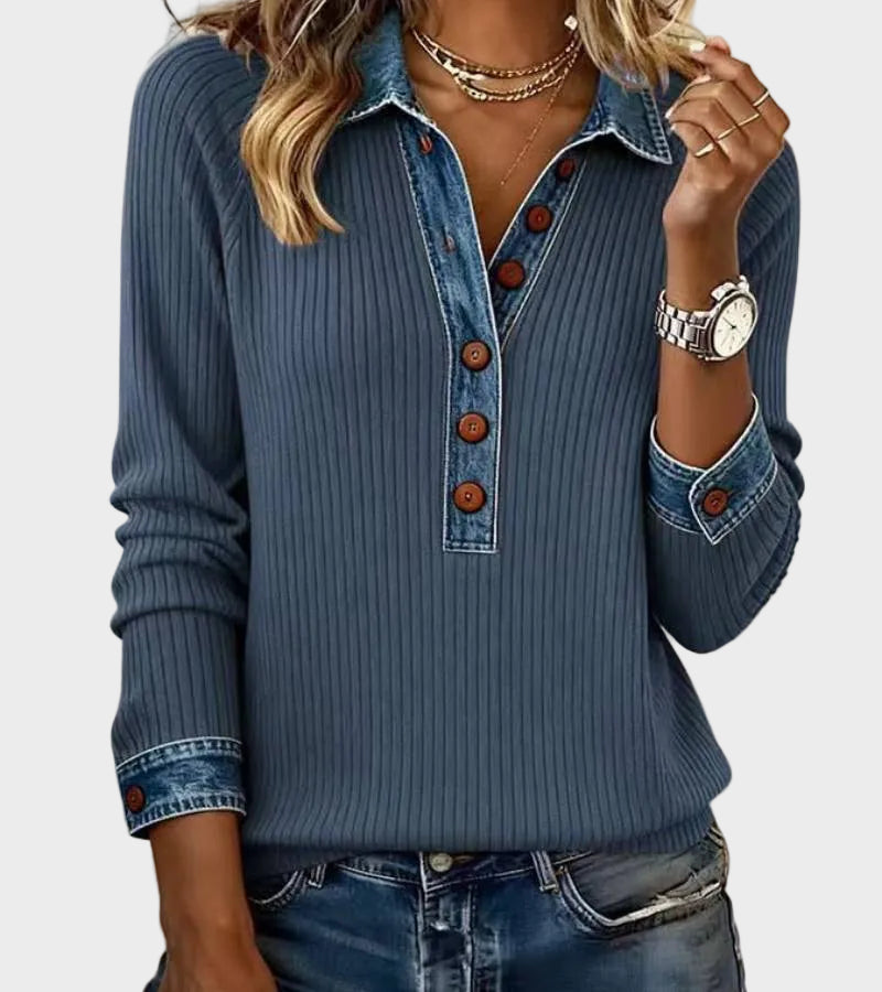 Ravit – Langermet denimbluse med strikkedetaljer