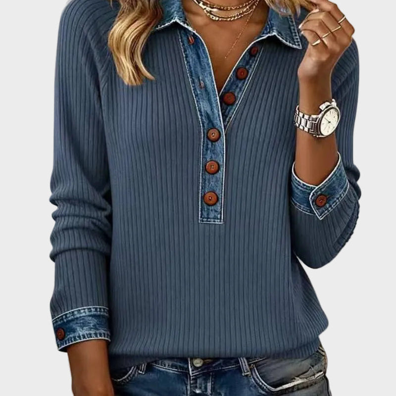 Ravit – Langermet denimbluse med strikkedetaljer