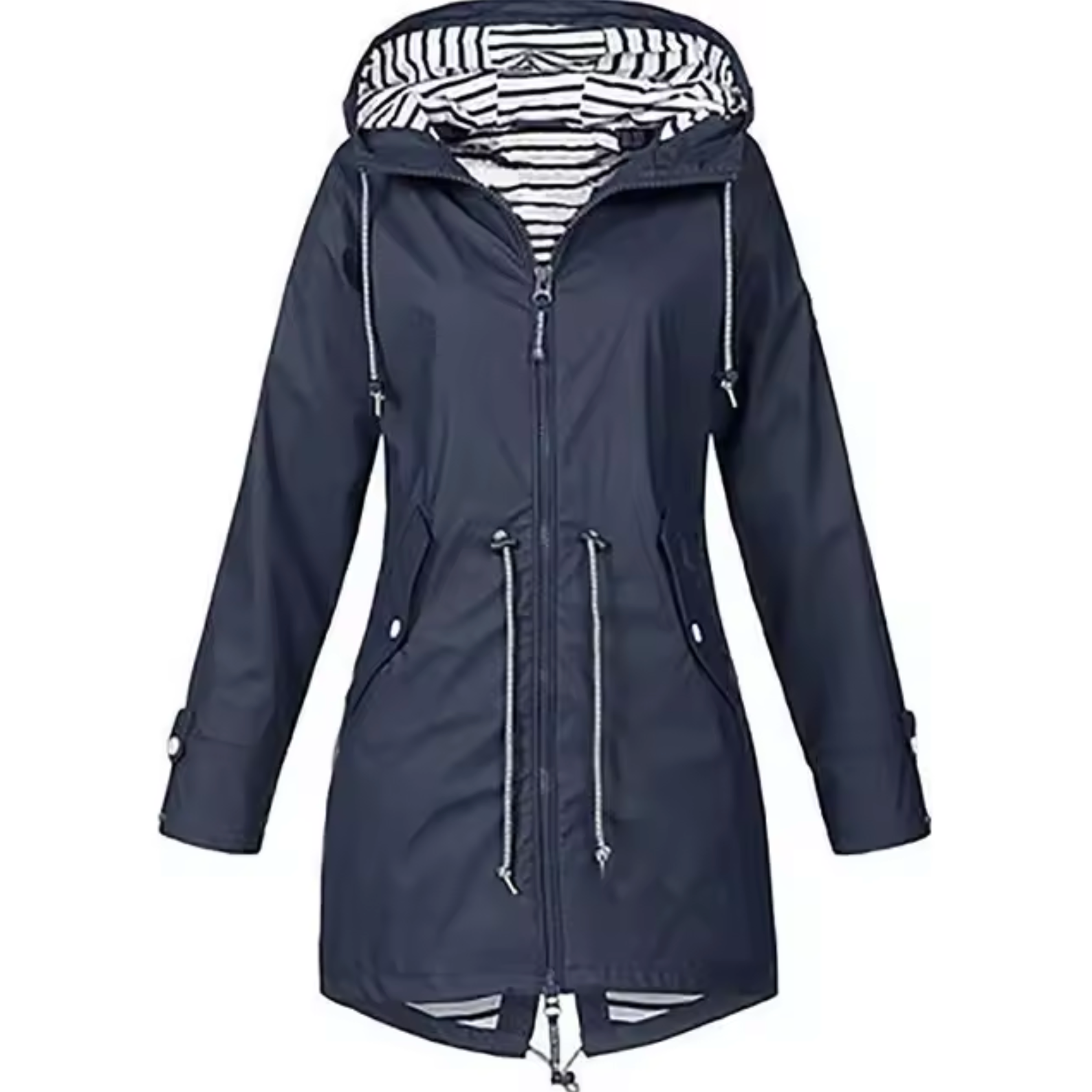 Lang vanntett dameparka med hette og justerbar midje