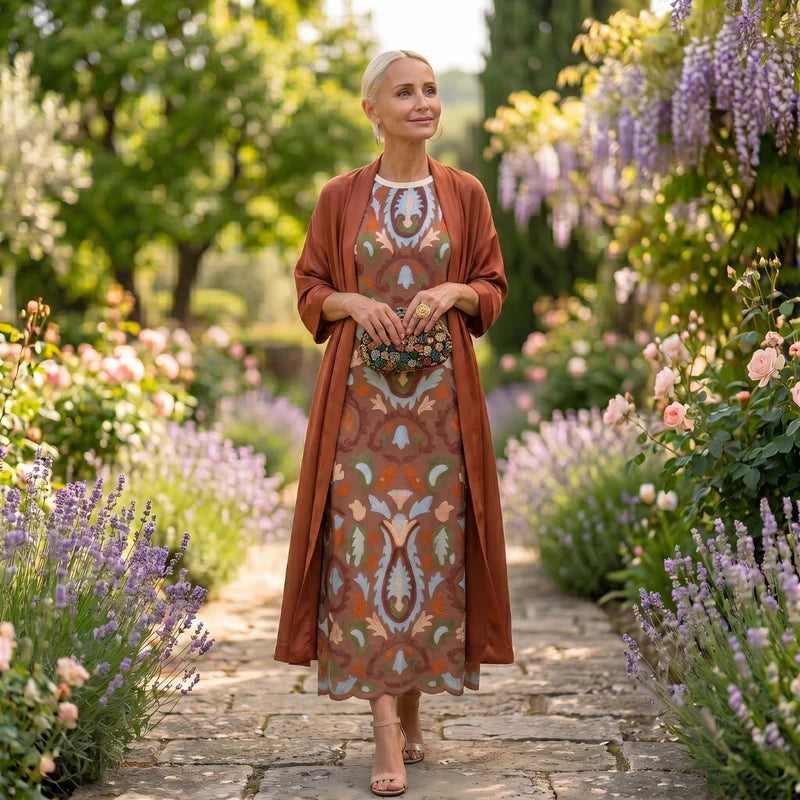 Daniela – Lang blomstret kjole med figursydd vest