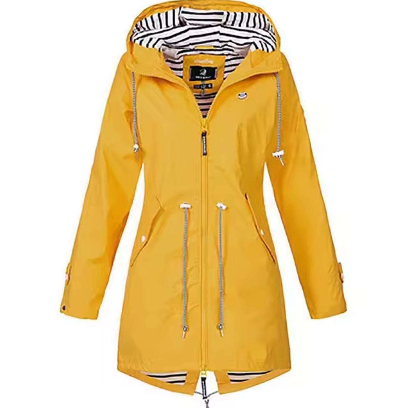 Lang vanntett dameparka med hette og justerbar midje