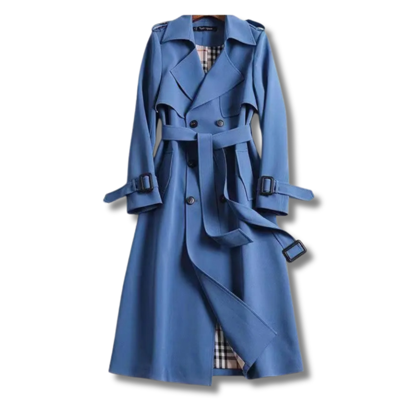 Lang dobbeltspent trenchcoat for dame med belte