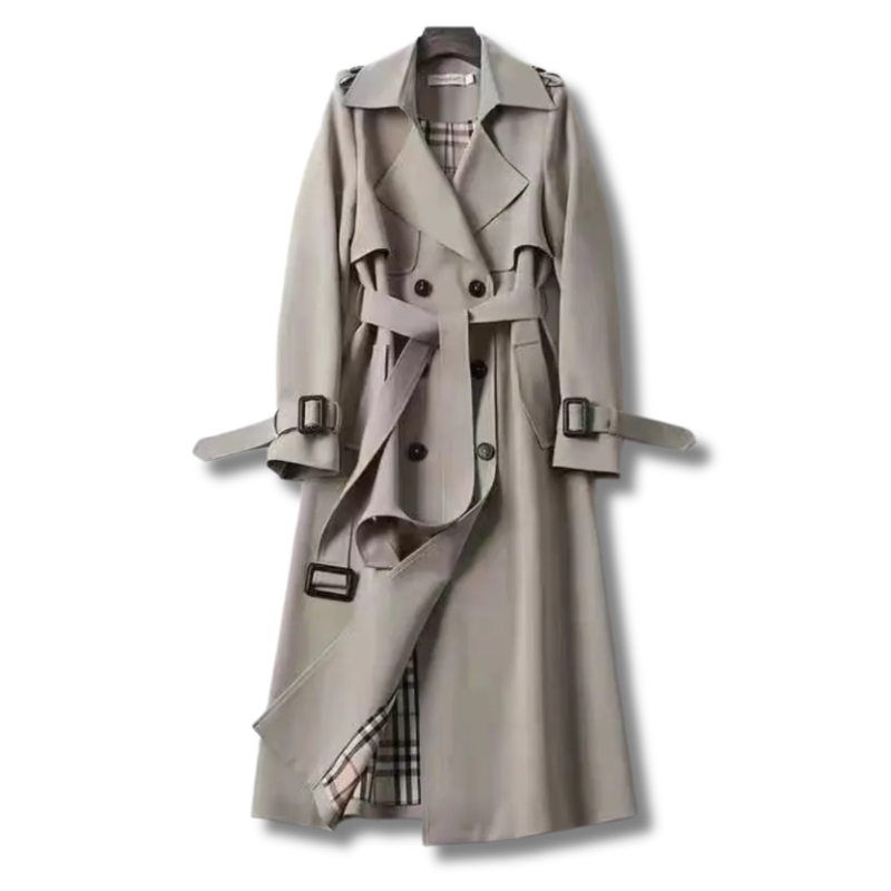 Lang dobbeltspent trenchcoat for dame med belte