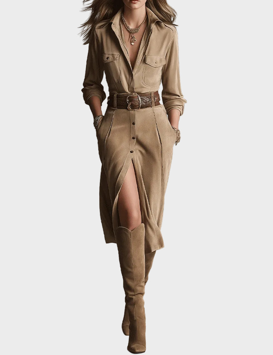 Trendy brun semsket midikjole for dame