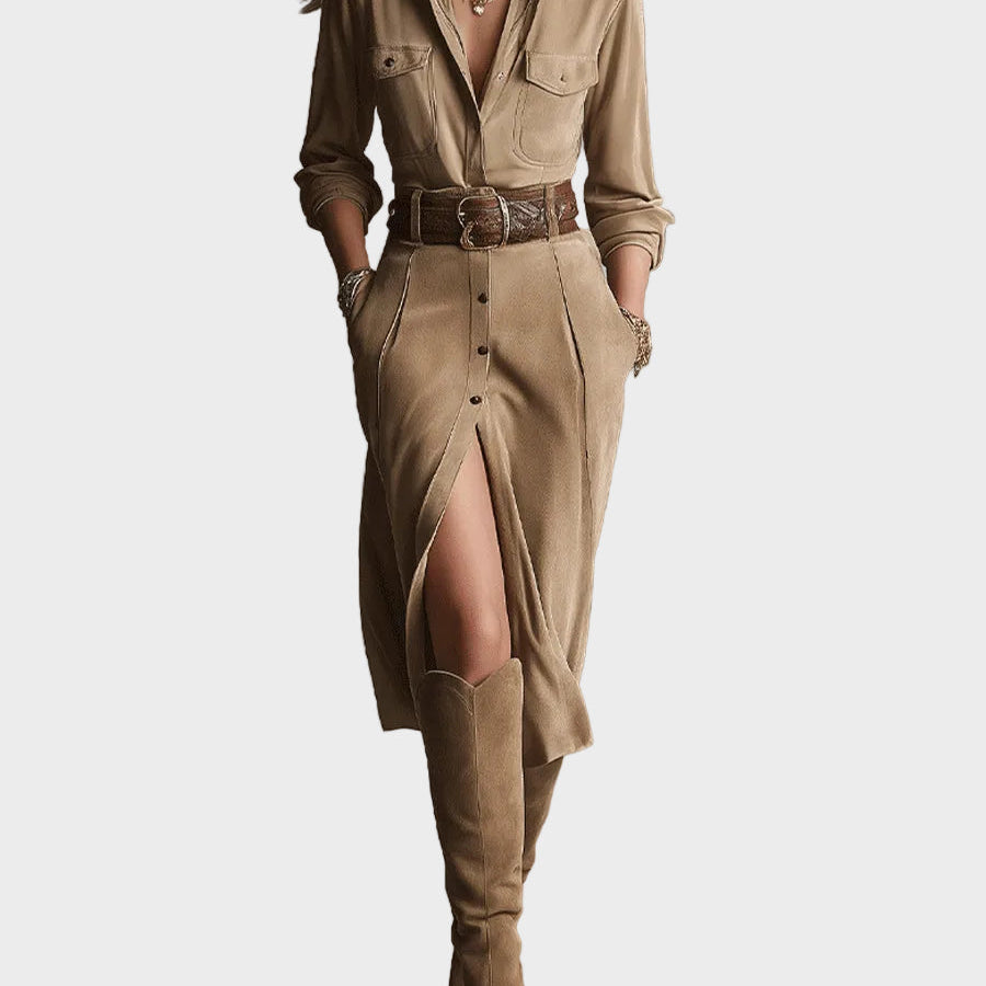 Trendy brun semsket midikjole for dame