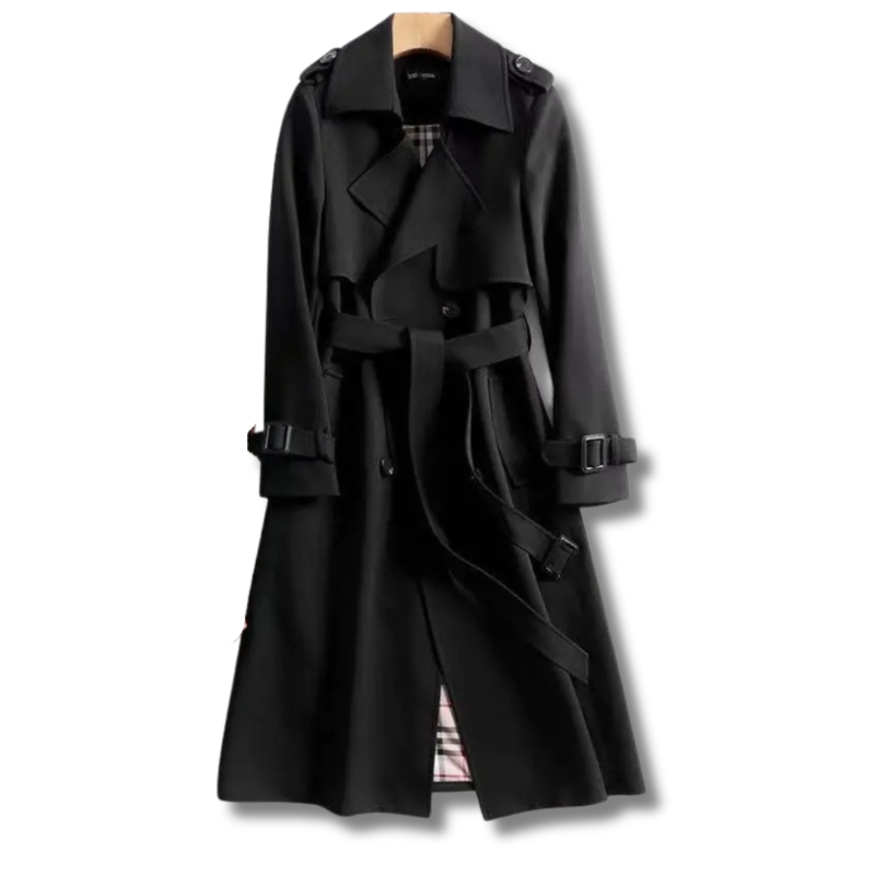 Lang dobbeltspent trenchcoat for dame med belte