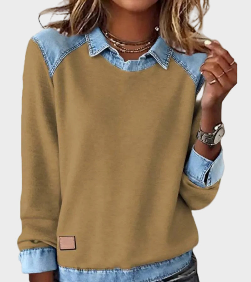 Ravit – Langermet denimbluse med strikkedetaljer