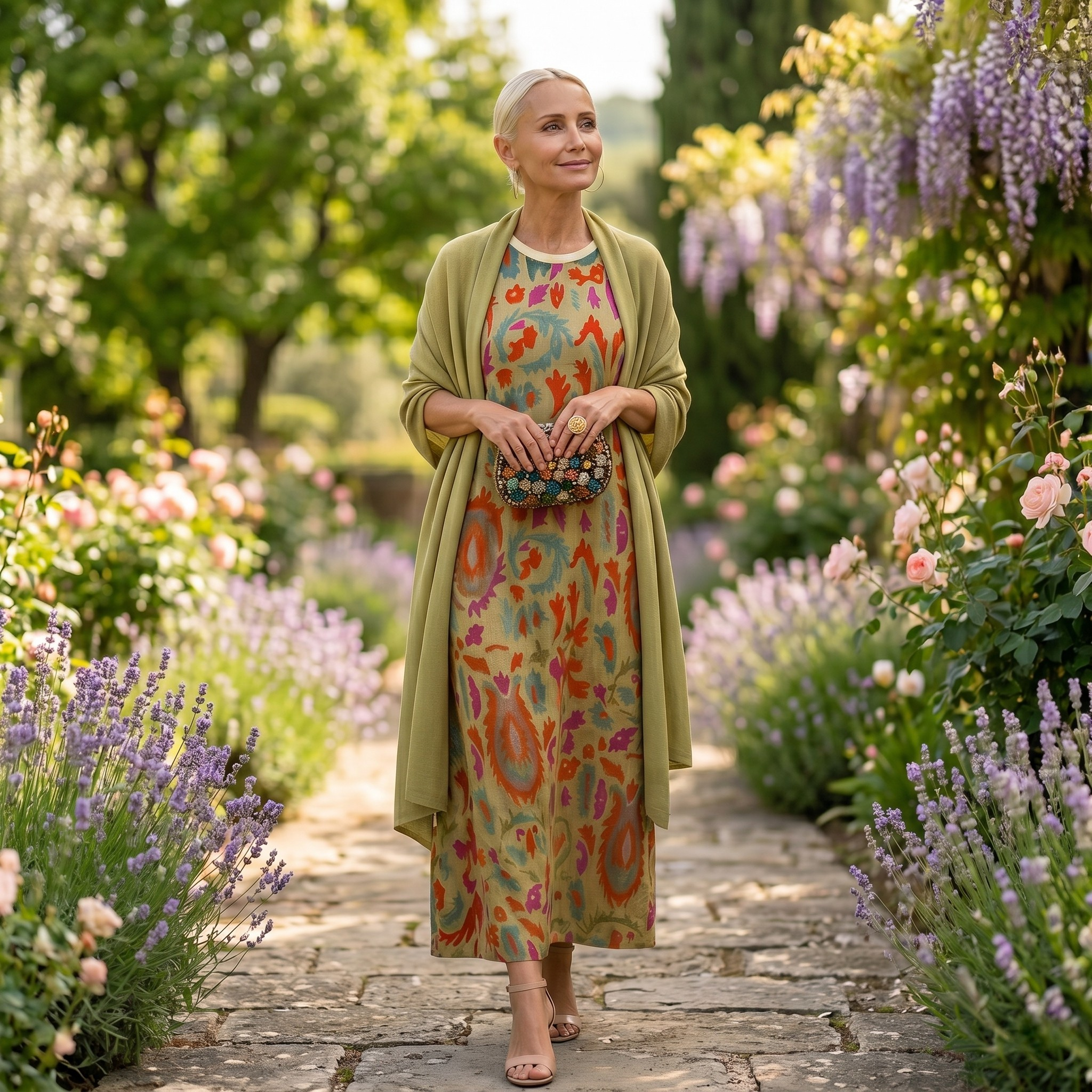 Daniela – Lang blomstret kjole med figursydd vest
