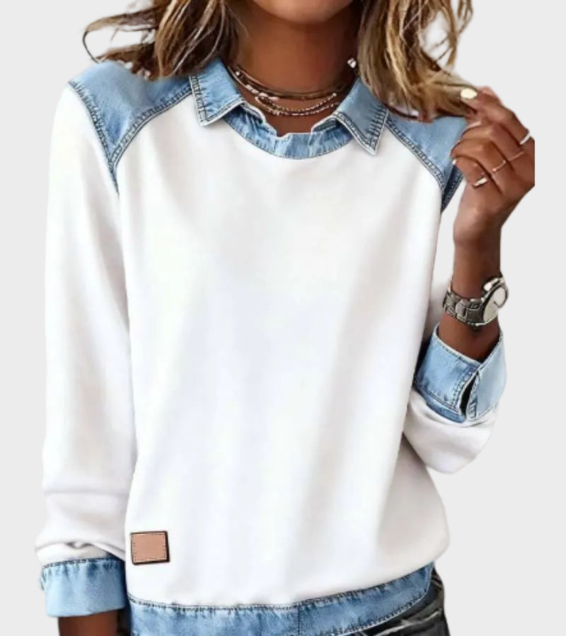 Ravit – Langermet denimbluse med strikkedetaljer