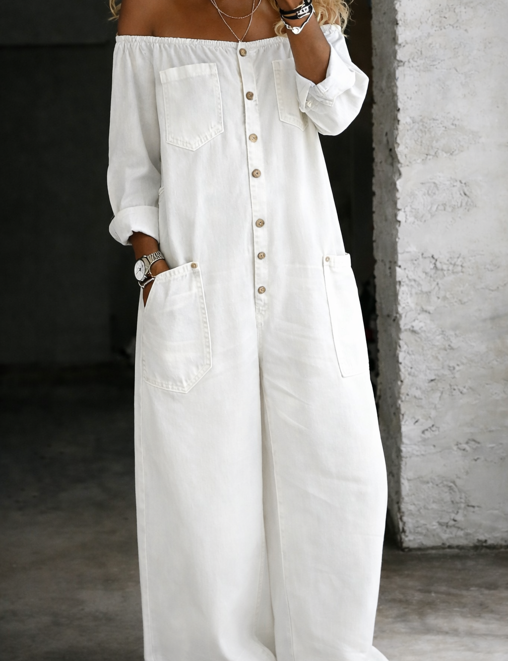 Elwira – Langermet jumpsuit med bare skuldre