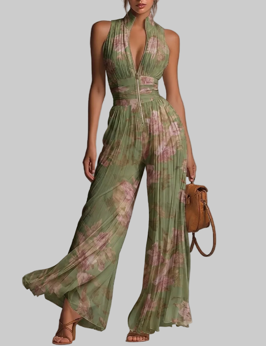 Amelia – Grønn plissert jumpsuit med blomster