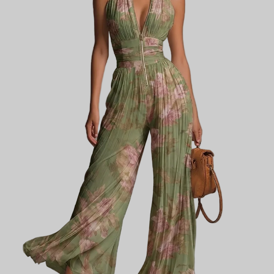 Amelia – Grønn plissert jumpsuit med blomster