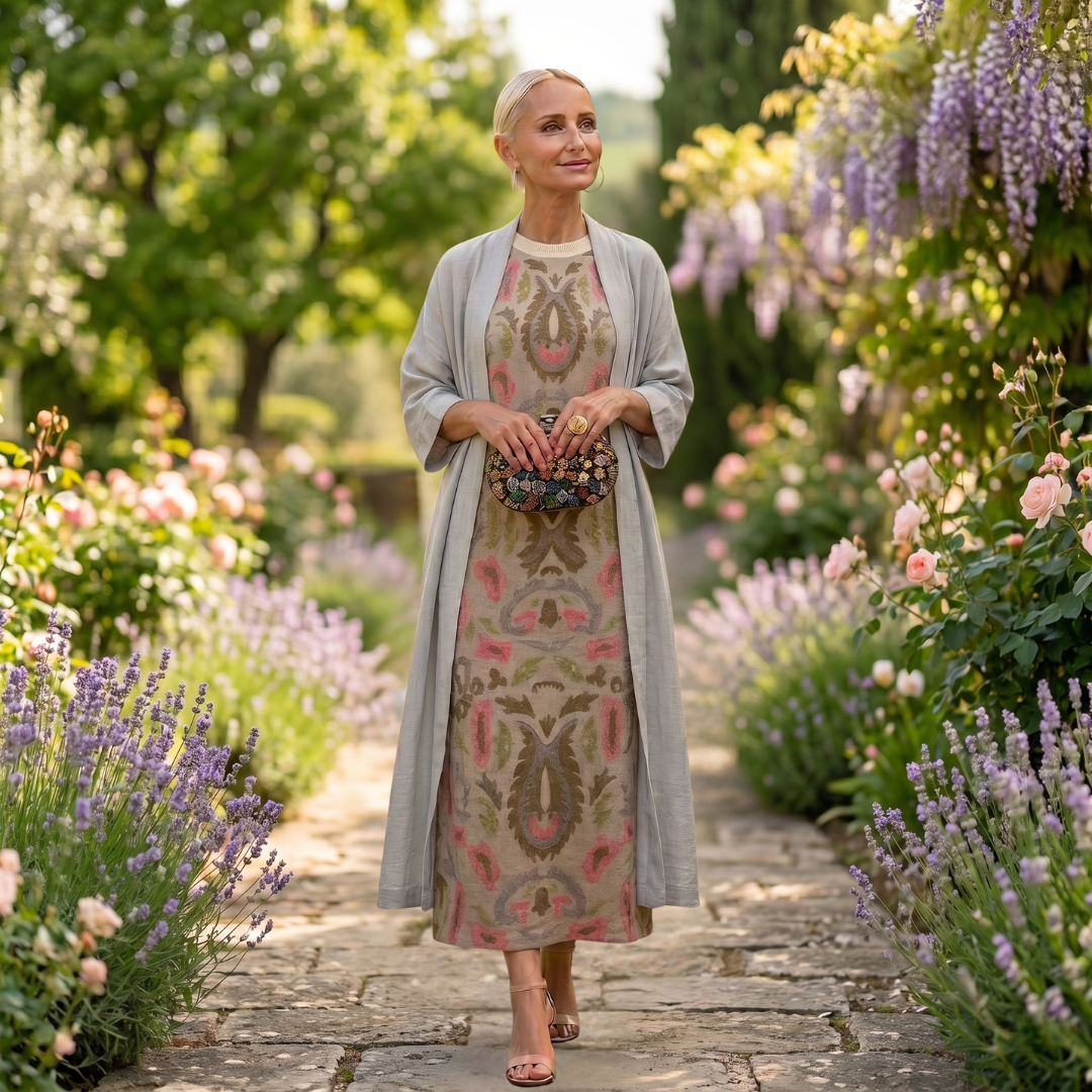 Daniela – Lang blomstret kjole med figursydd vest