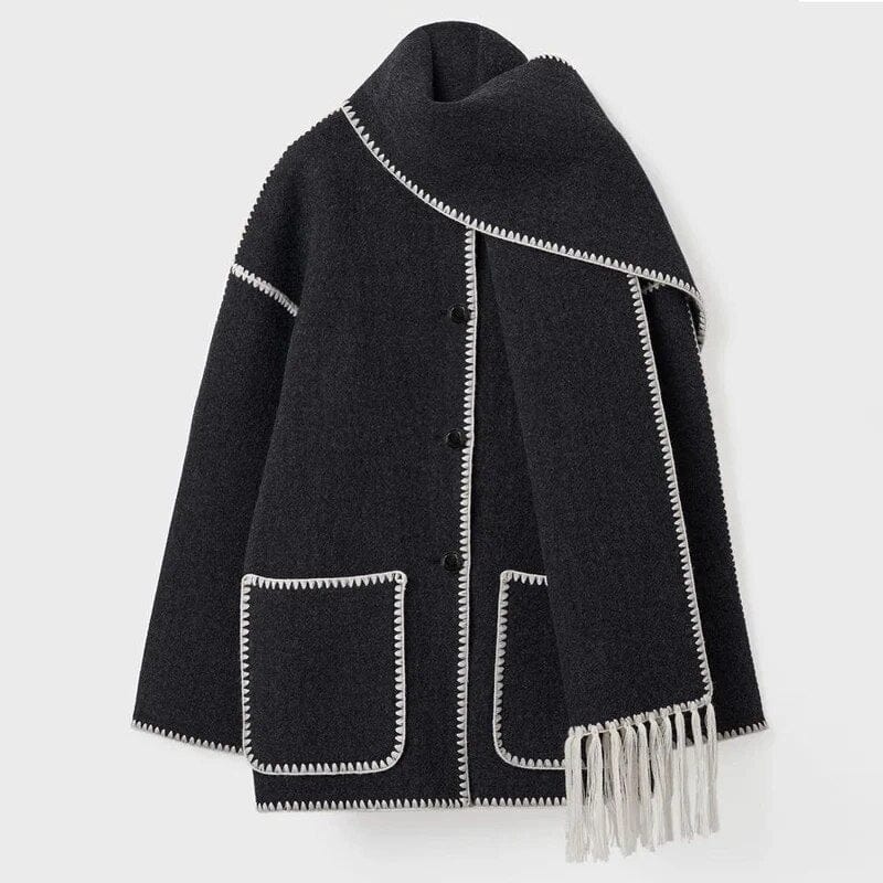 Lang cardigan for dame med integrert skjerf