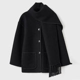 Lang cardigan for dame med integrert skjerf