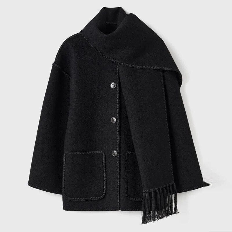 Lang cardigan for dame med integrert skjerf