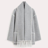 Lang cardigan for dame med integrert skjerf