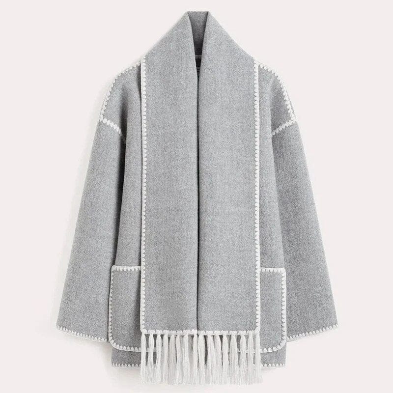 Lang cardigan for dame med integrert skjerf