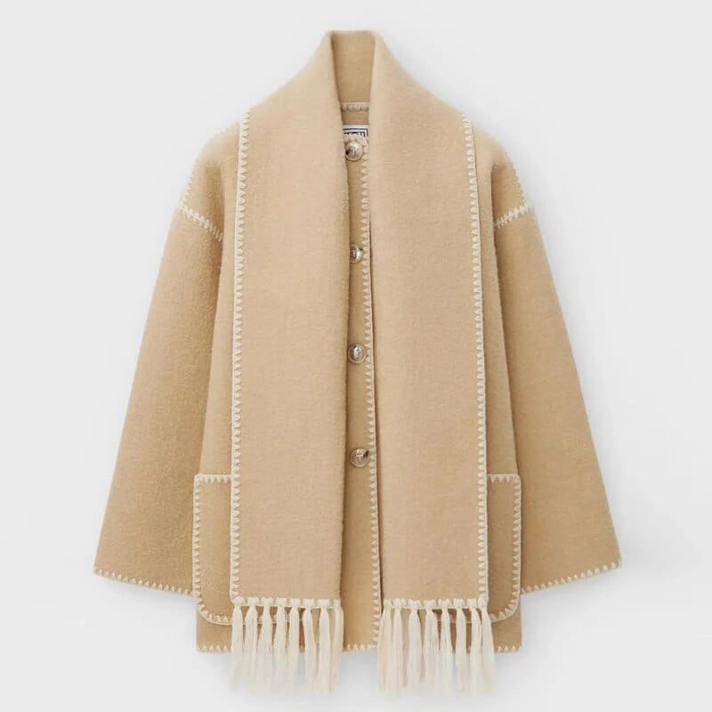 Lang cardigan for dame med integrert skjerf