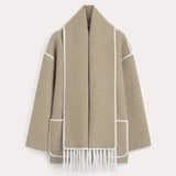 Lang cardigan for dame med integrert skjerf