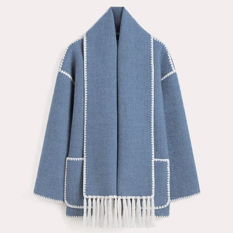 Lang cardigan for dame med integrert skjerf