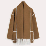 Lang cardigan for dame med integrert skjerf