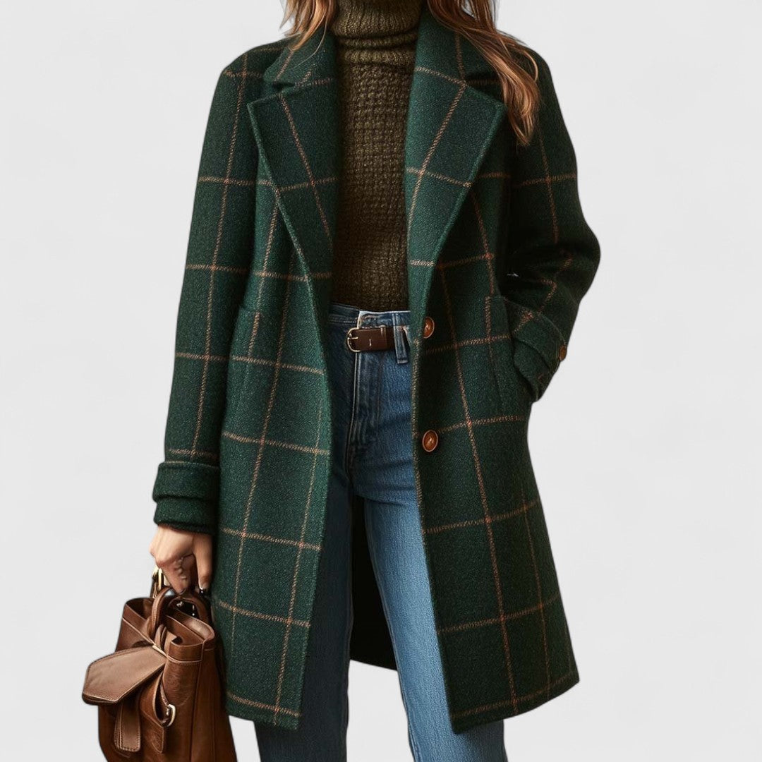 Elegant lang damekåpe i rutet tweed