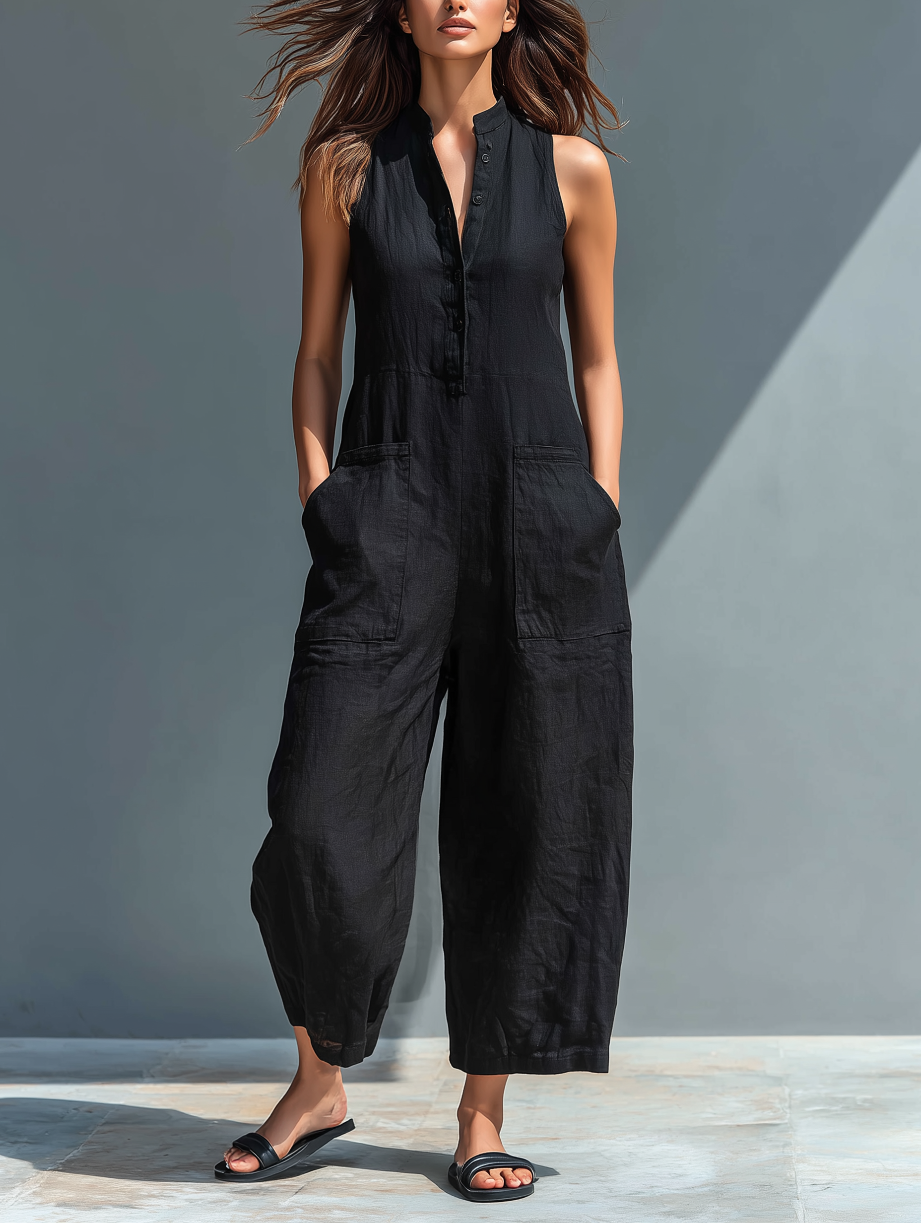 Marbella | Ermeløs jumpsuit i linblanding
