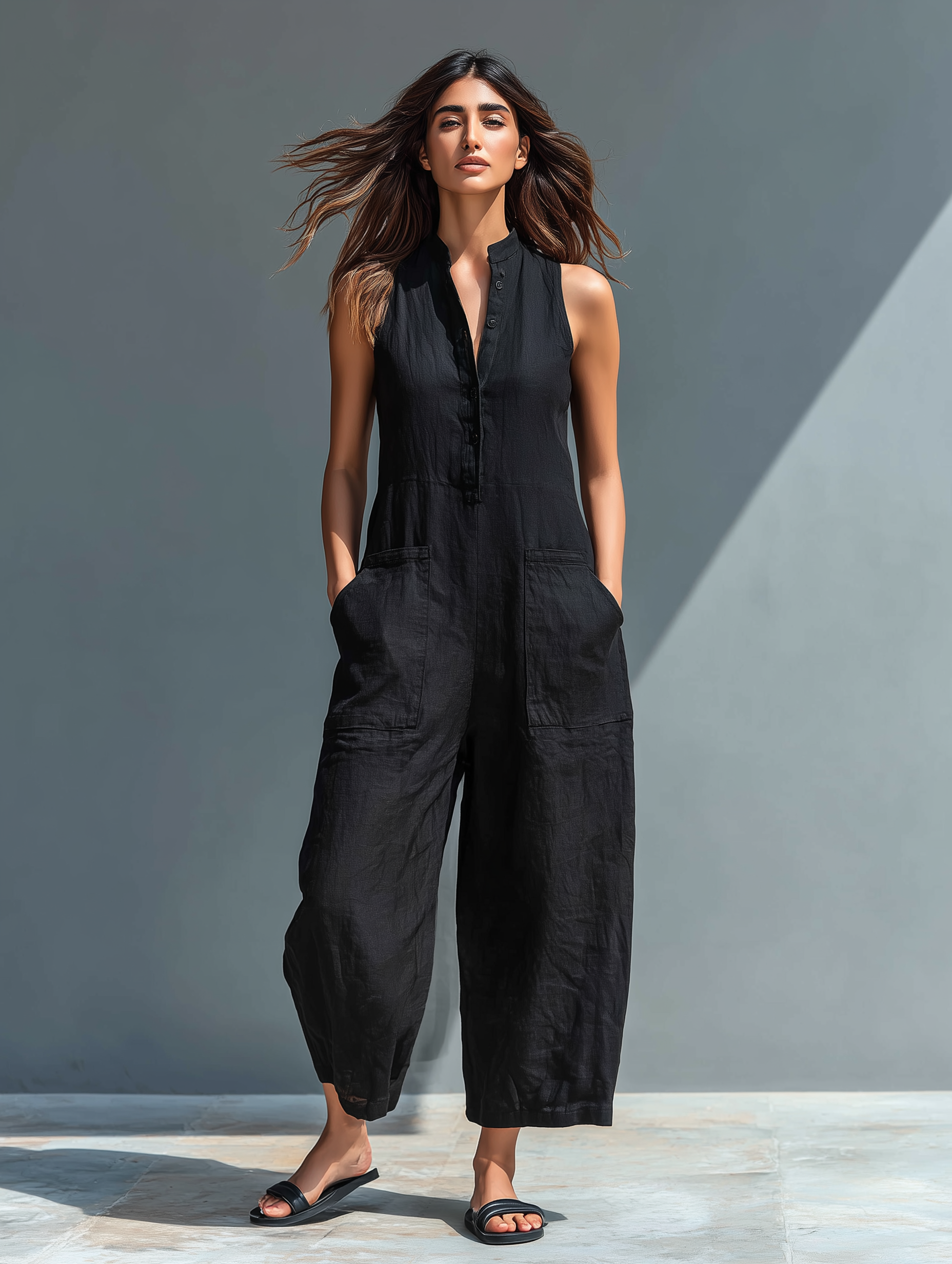 Marbella | Ermeløs jumpsuit i linblanding