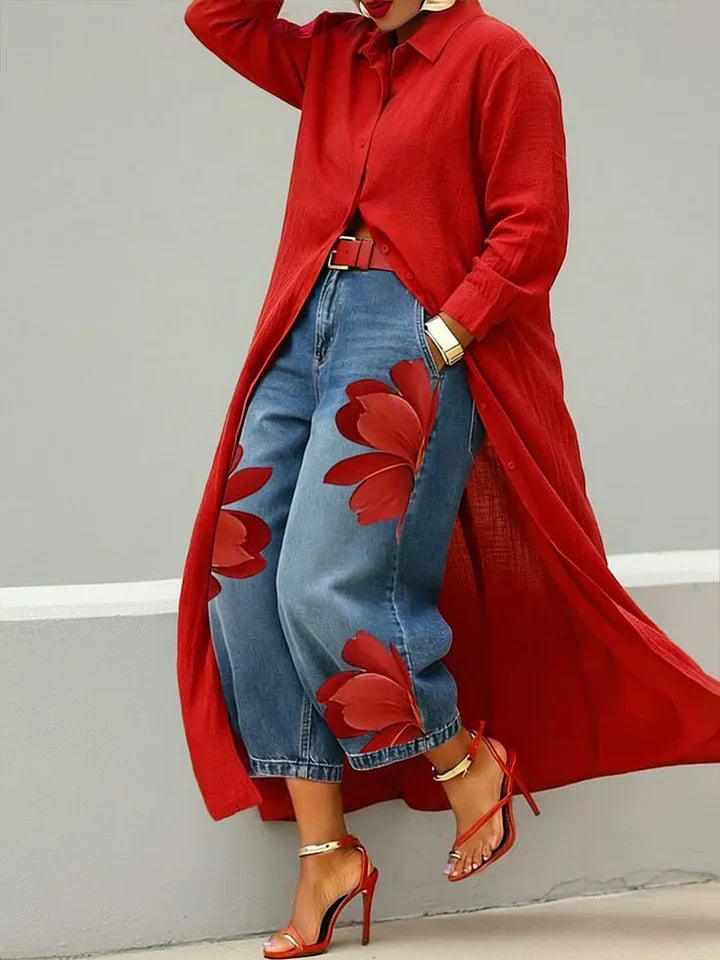 Esley | Lang skjorte og jeans med blomstermotiv