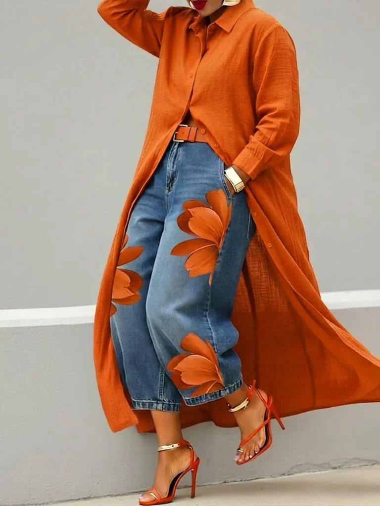Esley | Lang skjorte og jeans med blomstermotiv