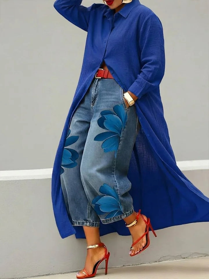Esley | Lang skjorte og jeans med blomstermotiv