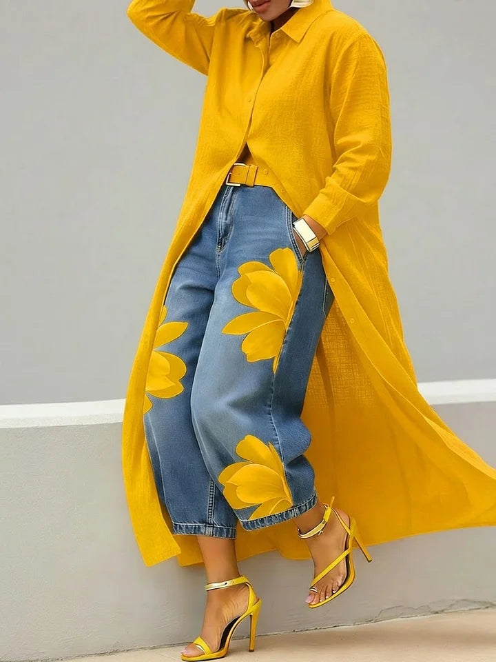 Esley | Lang skjorte og jeans med blomstermotiv