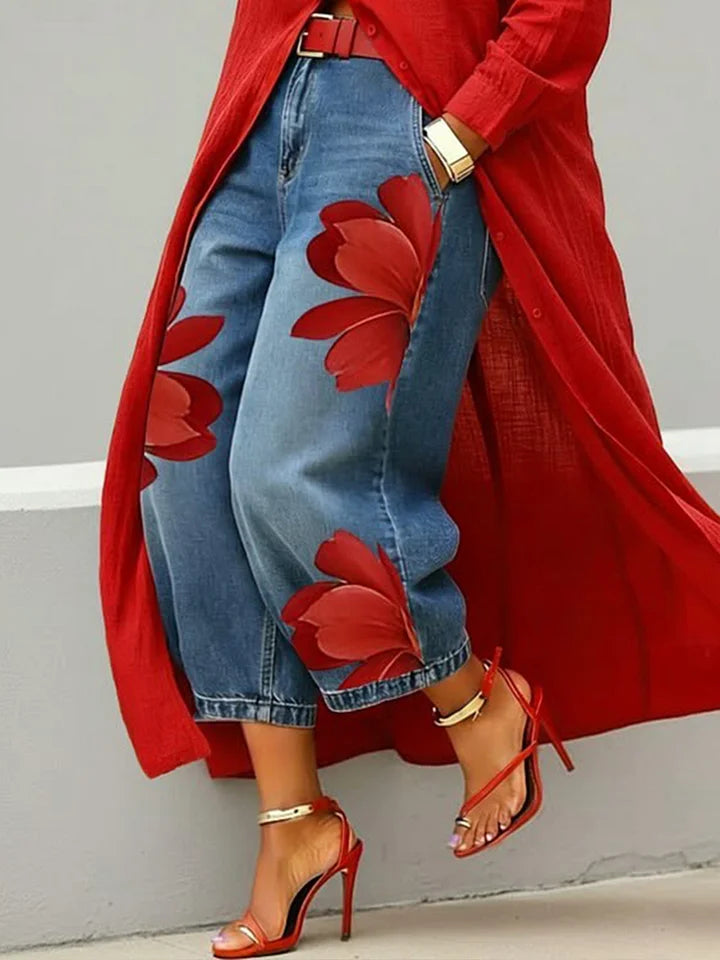 Esley | Lang skjorte og jeans med blomstermotiv