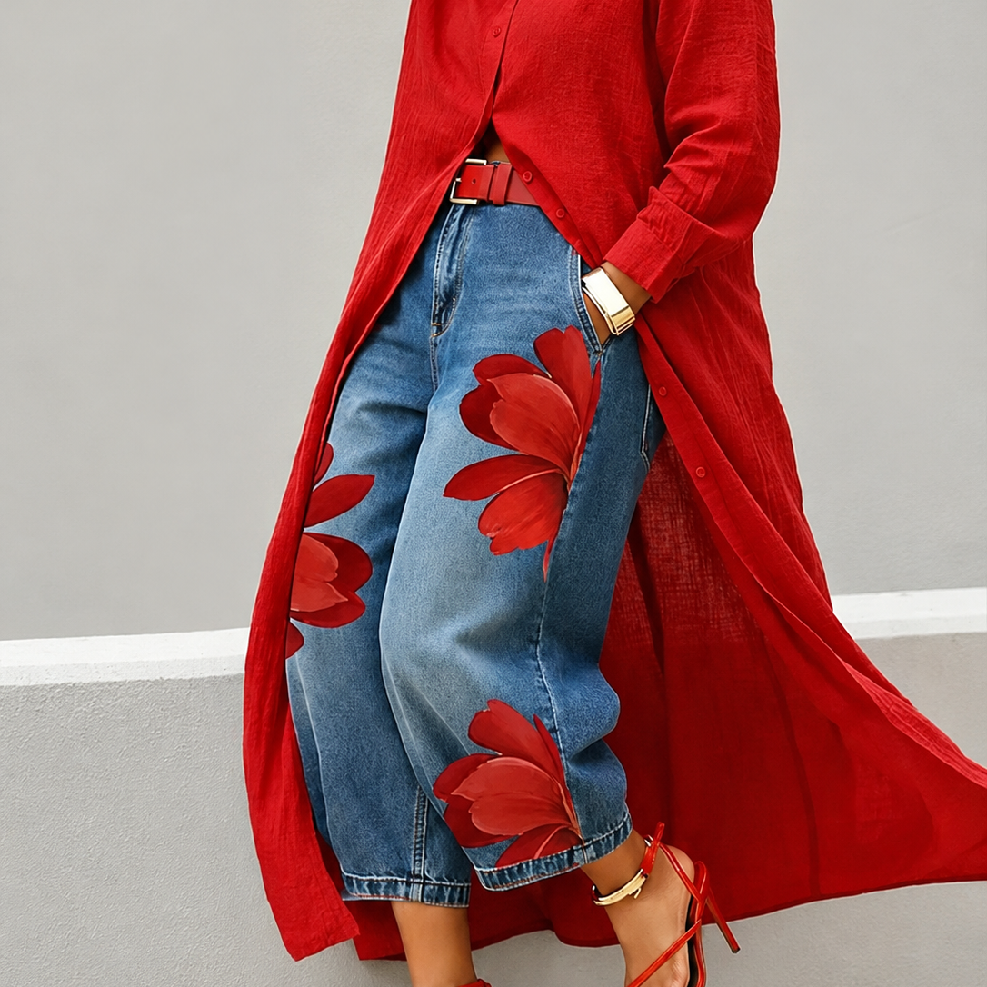 Esley | Lang skjorte og jeans med blomstermotiv