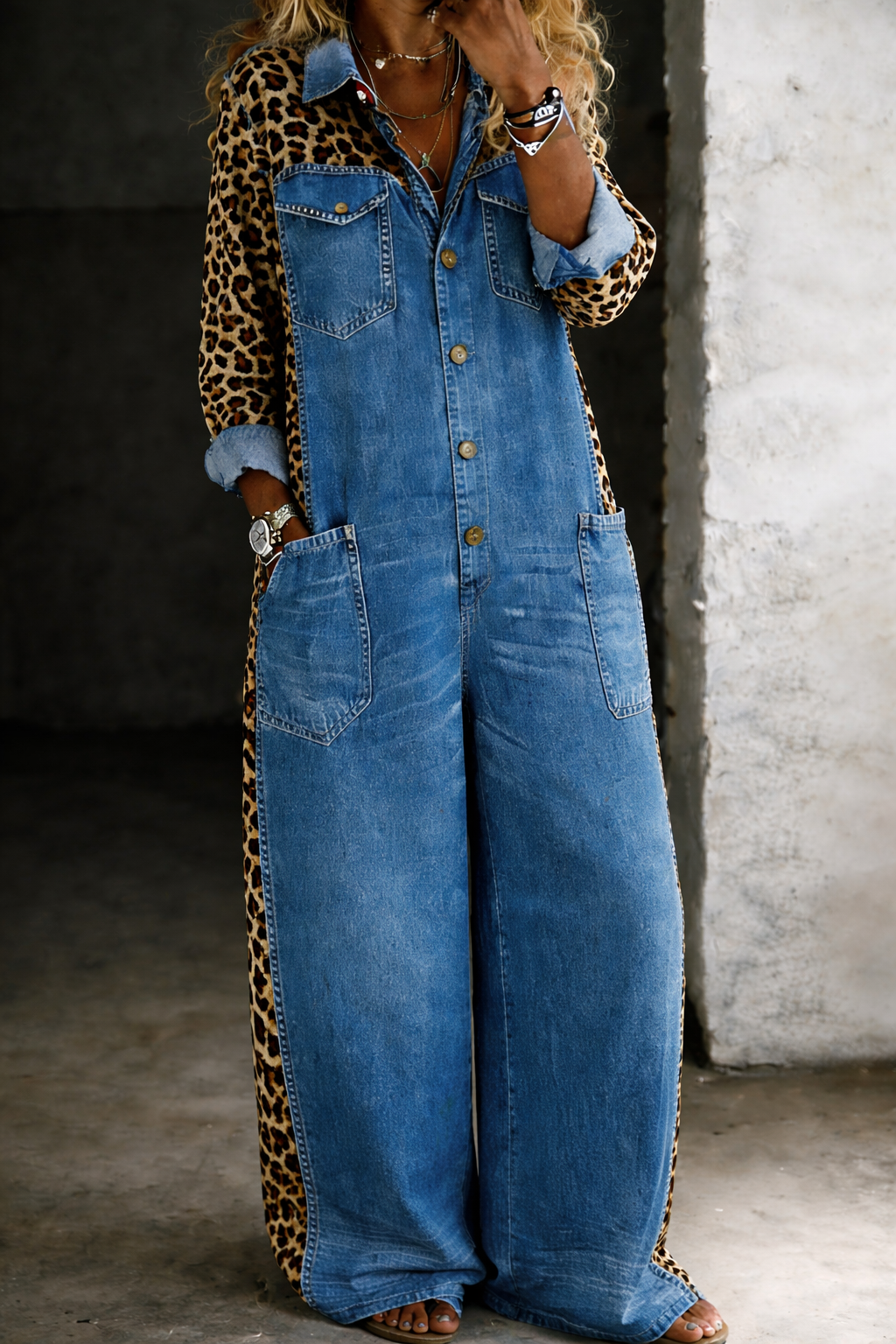 Amanda | Denimjumpsuit med leopardmønster