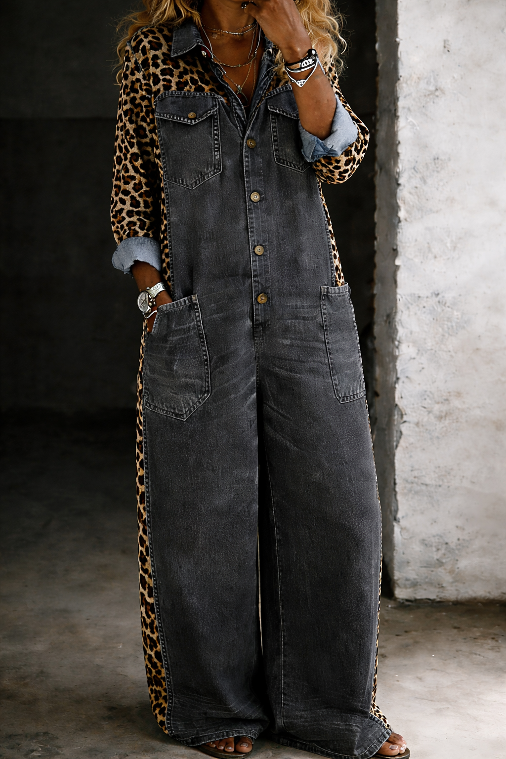 Amanda | Denimjumpsuit med leopardmønster