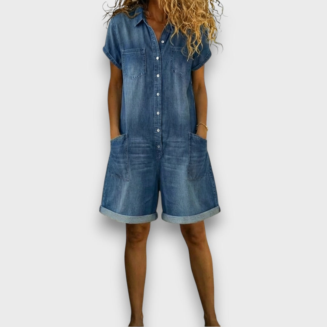 Klara – Kort vintageinspirert jumpsuit i bomull med denimlook