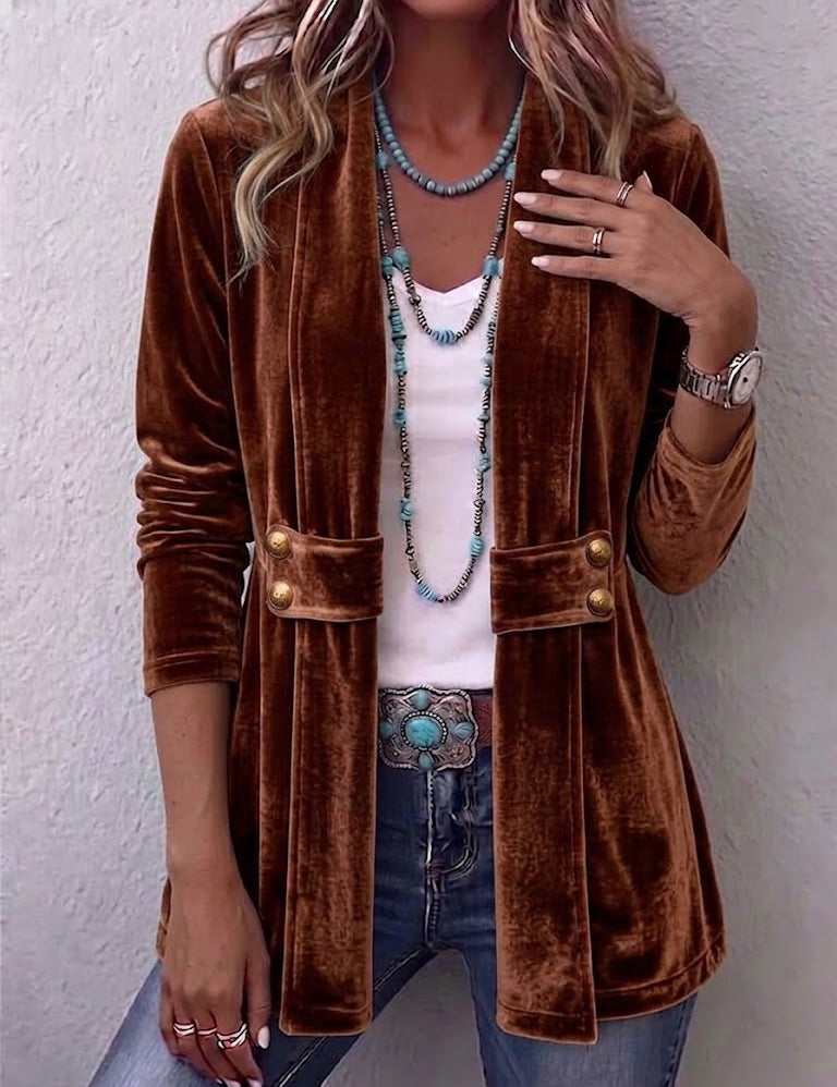 Avery | Vintage blazer med knappdetaljer, lange ermer og åpen front