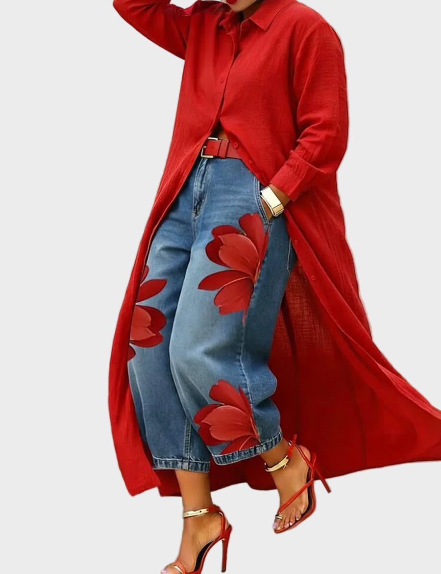 Daniella – Linkjole og blomstrete denimsett