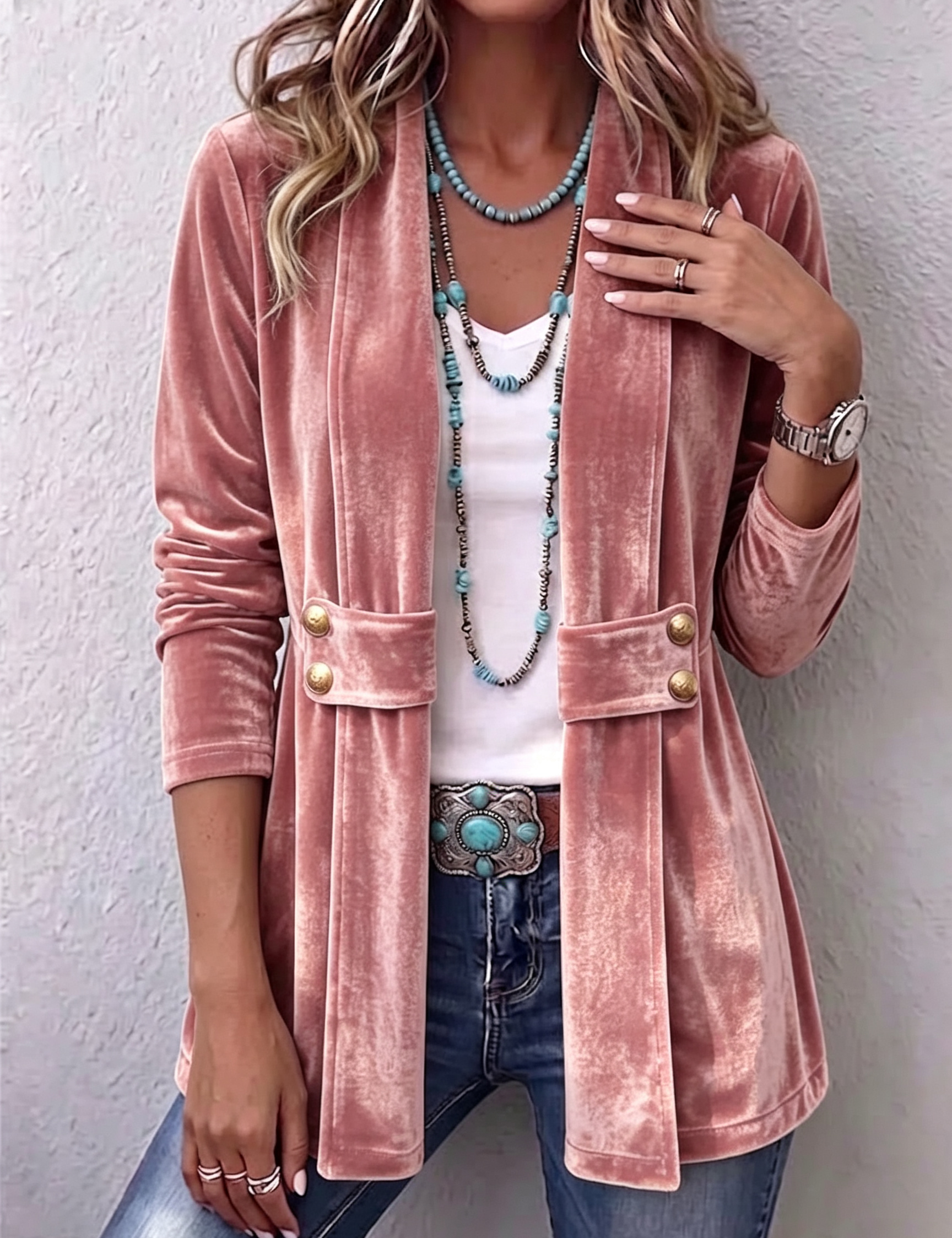 Avery | Vintage blazer med knappdetaljer, lange ermer og åpen front
