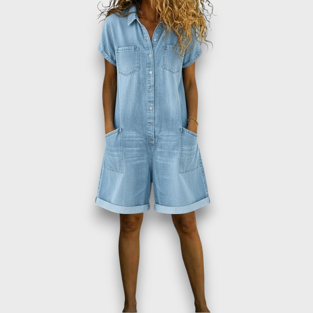 Klara – Kort vintageinspirert jumpsuit i bomull med denimlook