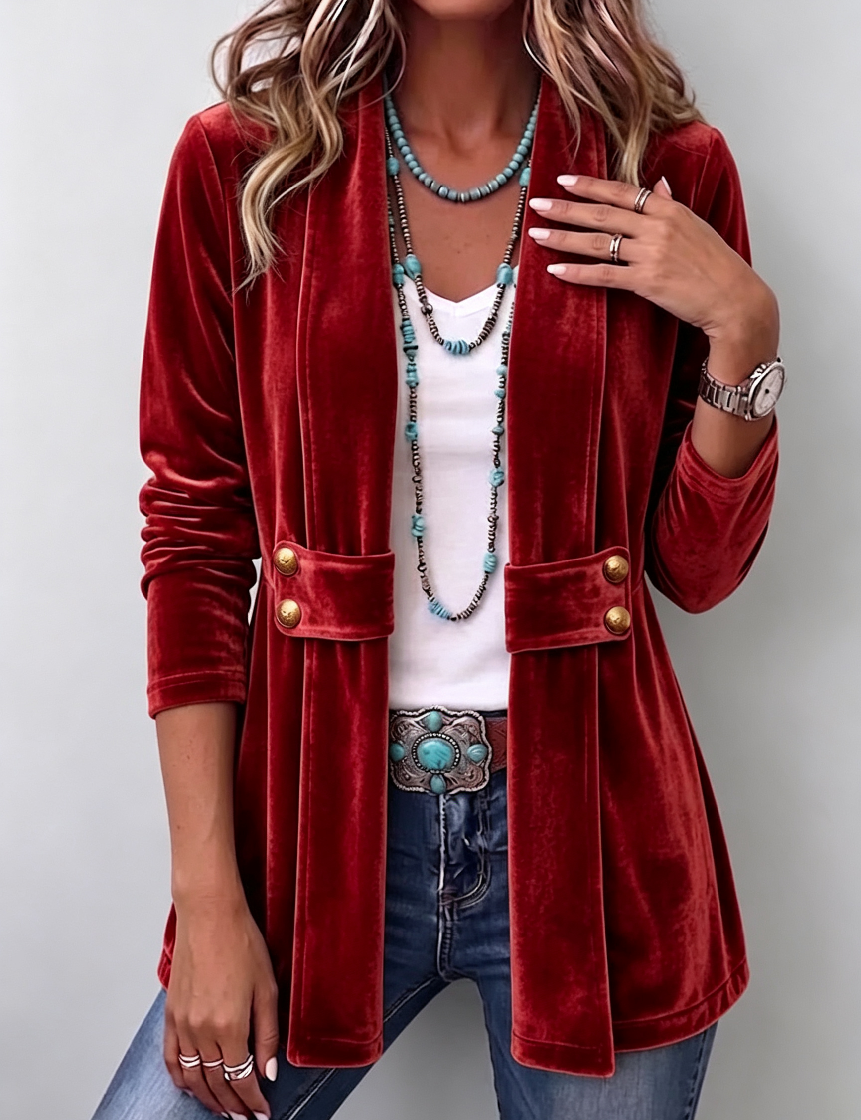 Avery | Vintage blazer med knappdetaljer, lange ermer og åpen front