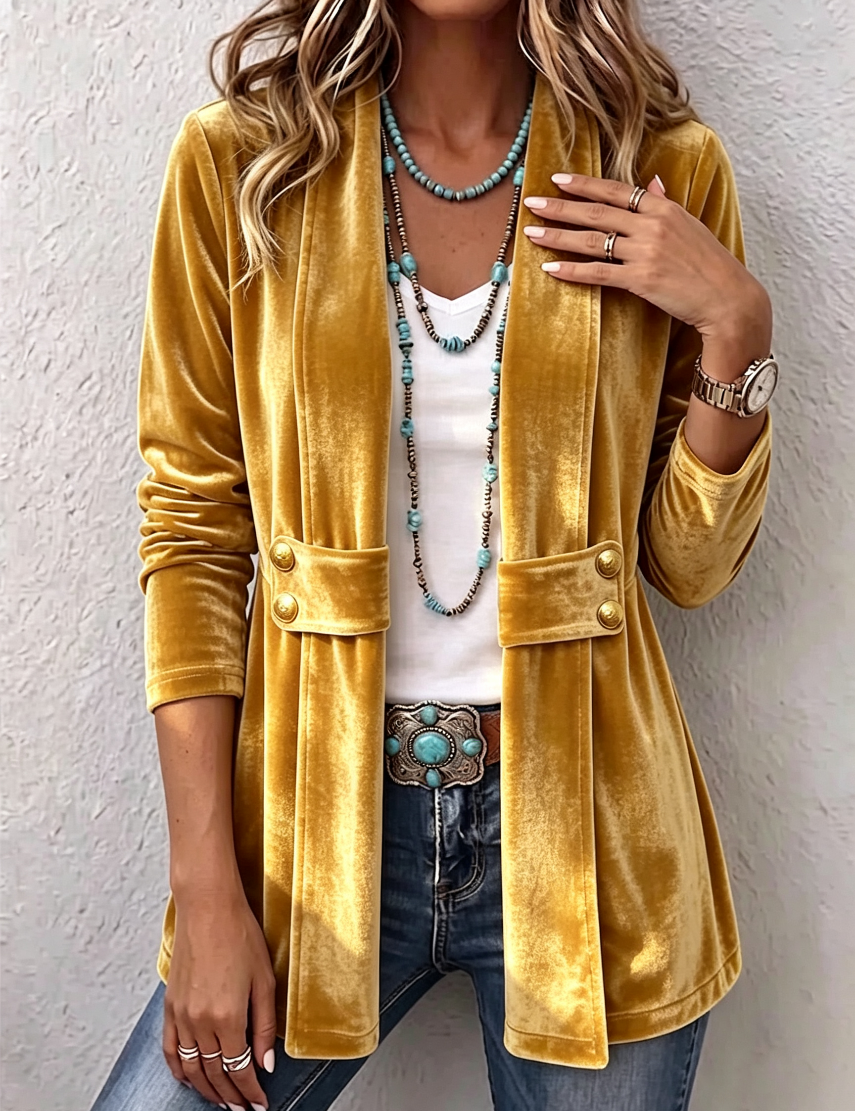 Avery | Vintage blazer med knappdetaljer, lange ermer og åpen front