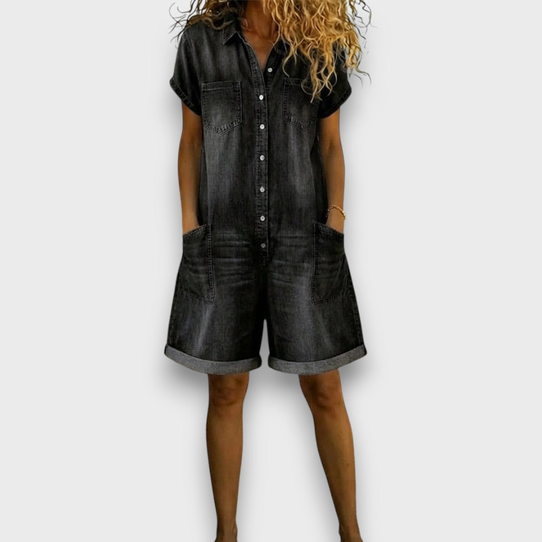 Klara – Kort vintageinspirert jumpsuit i bomull med denimlook
