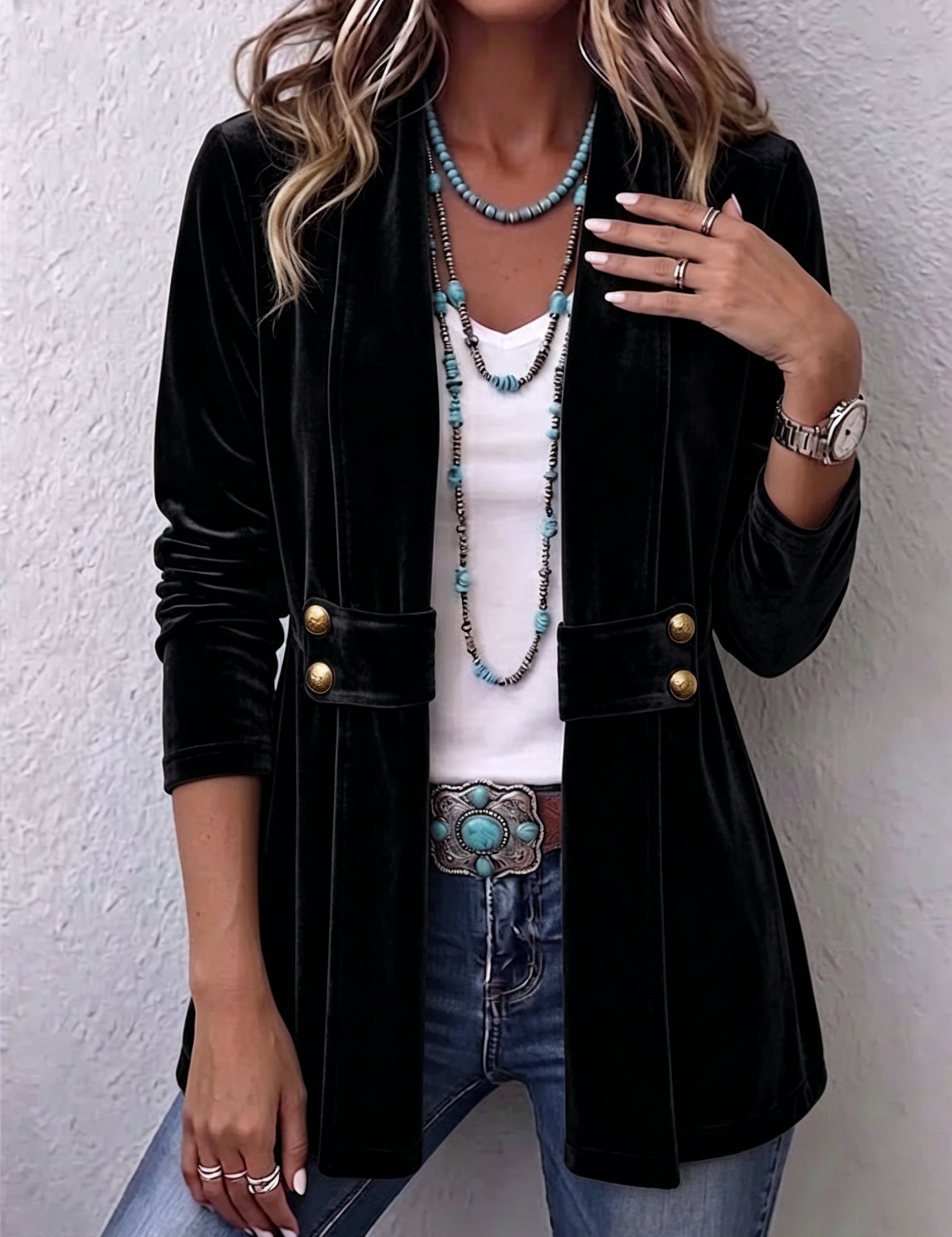 Avery | Vintage blazer med knappdetaljer, lange ermer og åpen front