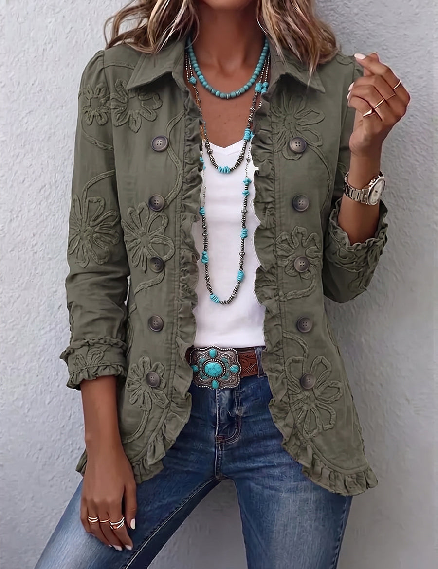 Olivia | Boho-chic blomstret, brodert utilityjakke med volanger