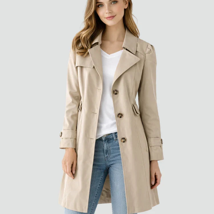 Trenchcoat for dame med klassisk krage og knapper