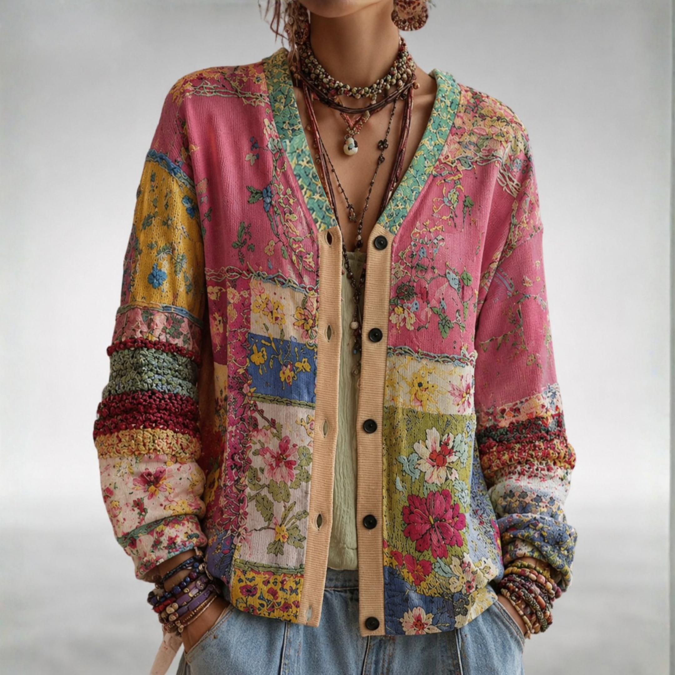 Chiara – Boho-cardigan med patchworkmønster